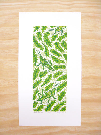 Three Crickets - reduction woodblock print- Artist Proof (6.5x12”)