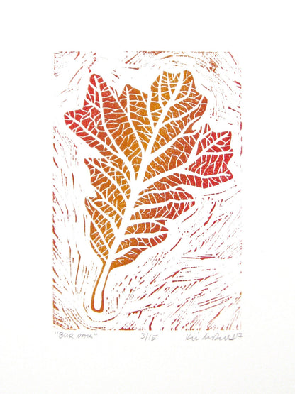 Bur Oak leaf - woodblock print (9x12”)