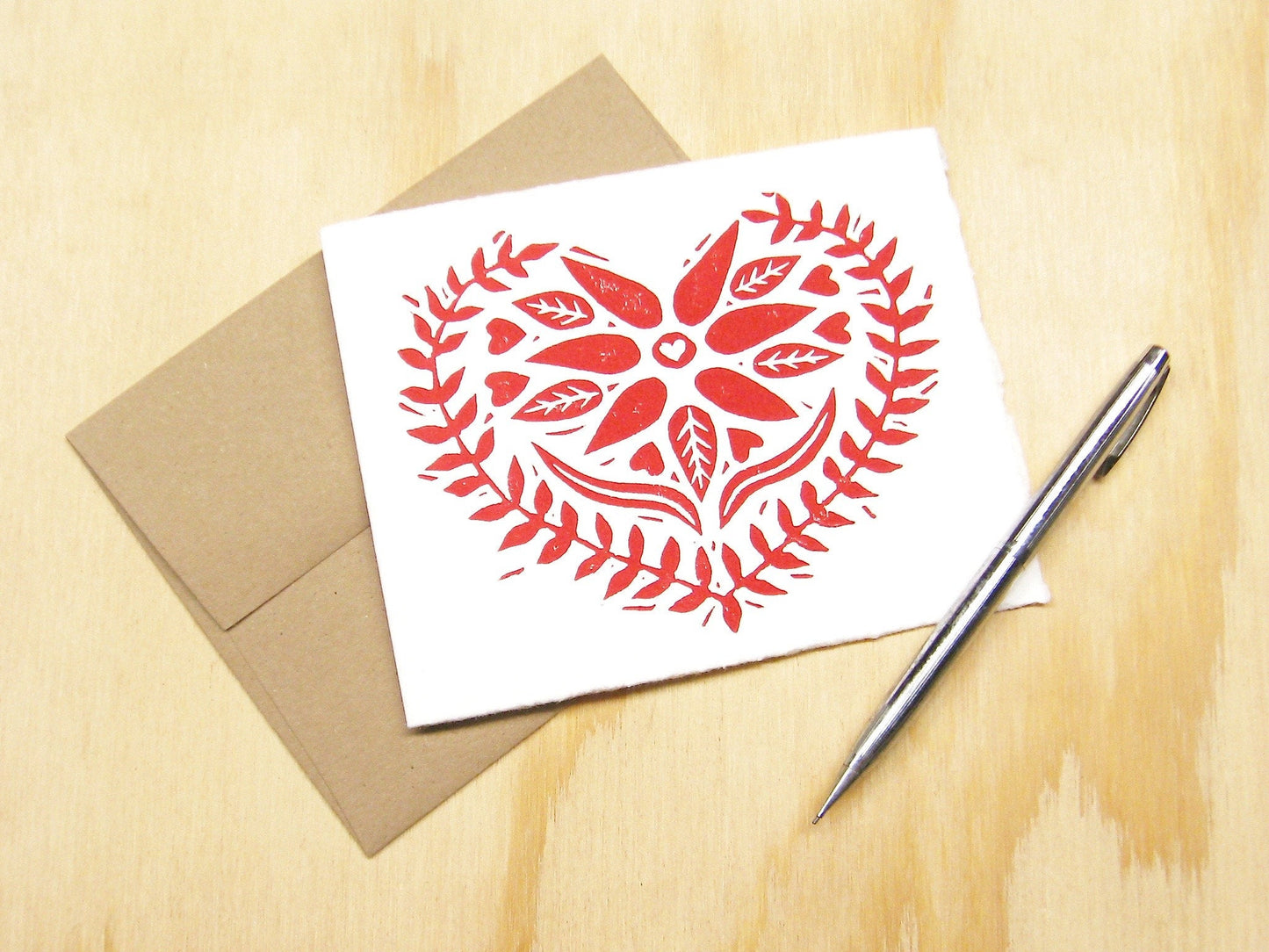 Swedish Red Heart single card - woodblock printed