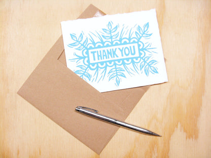 Thank You blue single card - woodblock printed