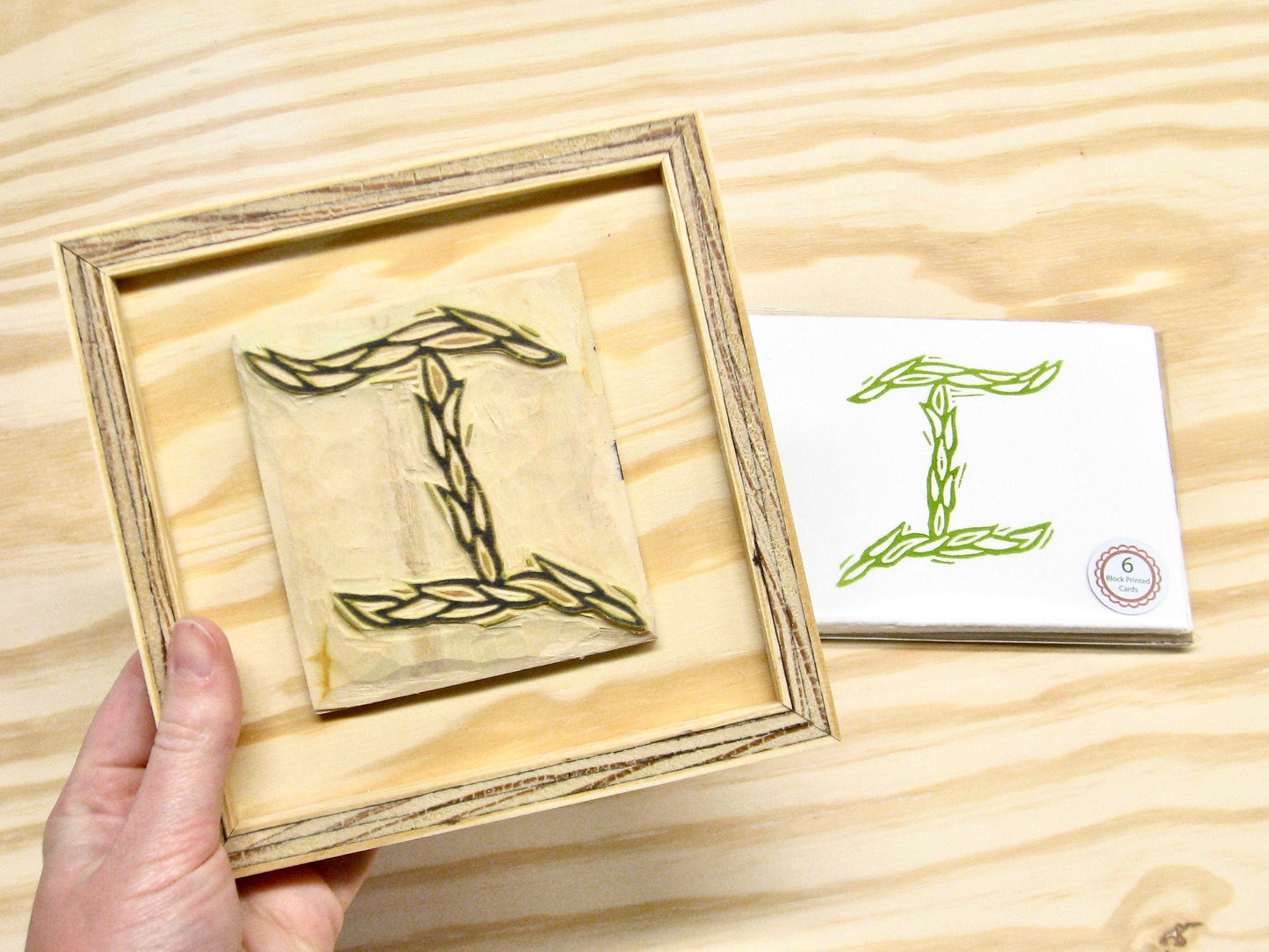 Letter I - hand carved original printers block with 6-pack monogram greeting cards - collector's item