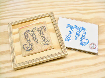 Letter M - hand carved original printers block with 6-pack monogram greeting cards - collector's item