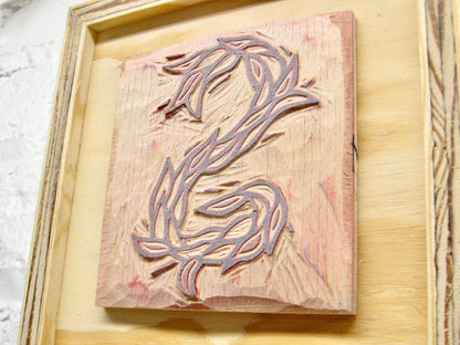 Letter S - hand carved original printers block with 6-pack monogram greeting cards - collector's item
