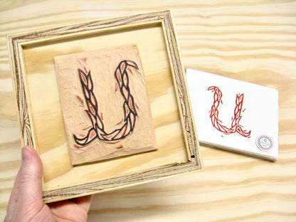 Letter U - hand carved original printers block with 6-pack monogram greeting cards - collector's item