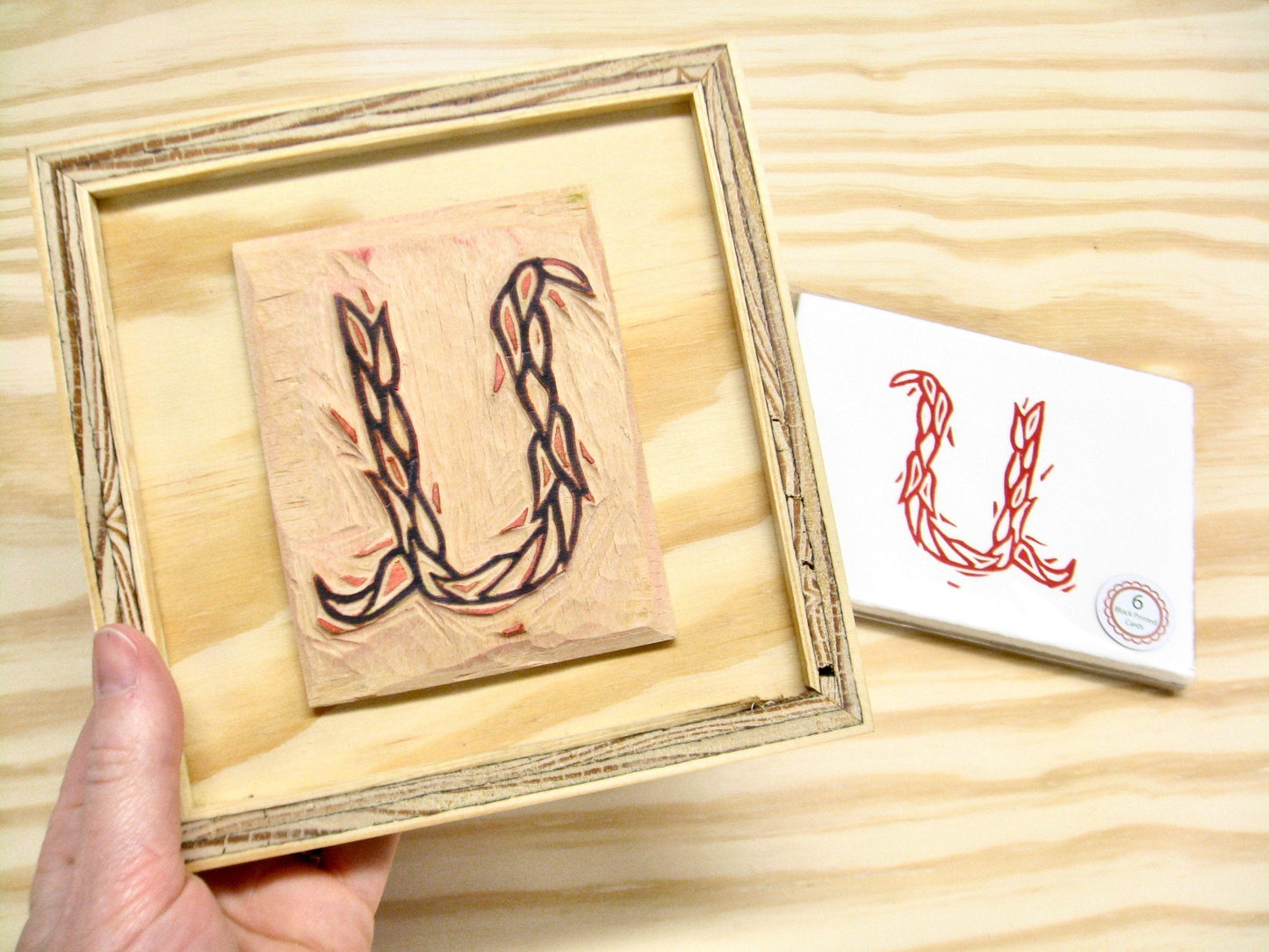 Letter U - hand carved original printers block with 6-pack monogram greeting cards - collector's item