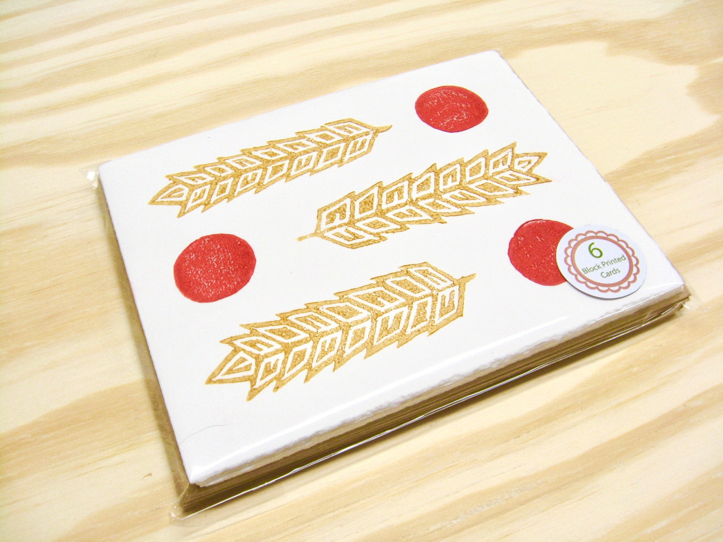 Wheat Red Dots 6-pack cards - woodblock printed