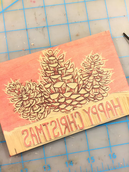 Happy Christmas Pinecones single card - woodblock printed