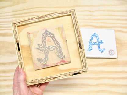 Letter A - hand carved original printers block with 6-pack monogram greeting cards - collector's item
