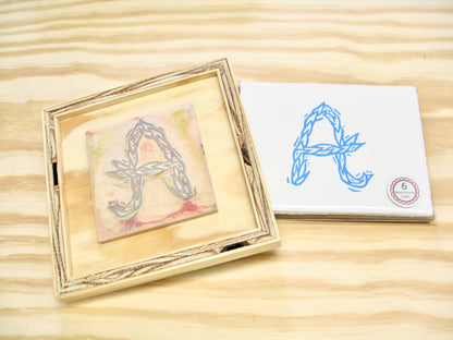 Letter A - hand carved original printers block with 6-pack monogram greeting cards