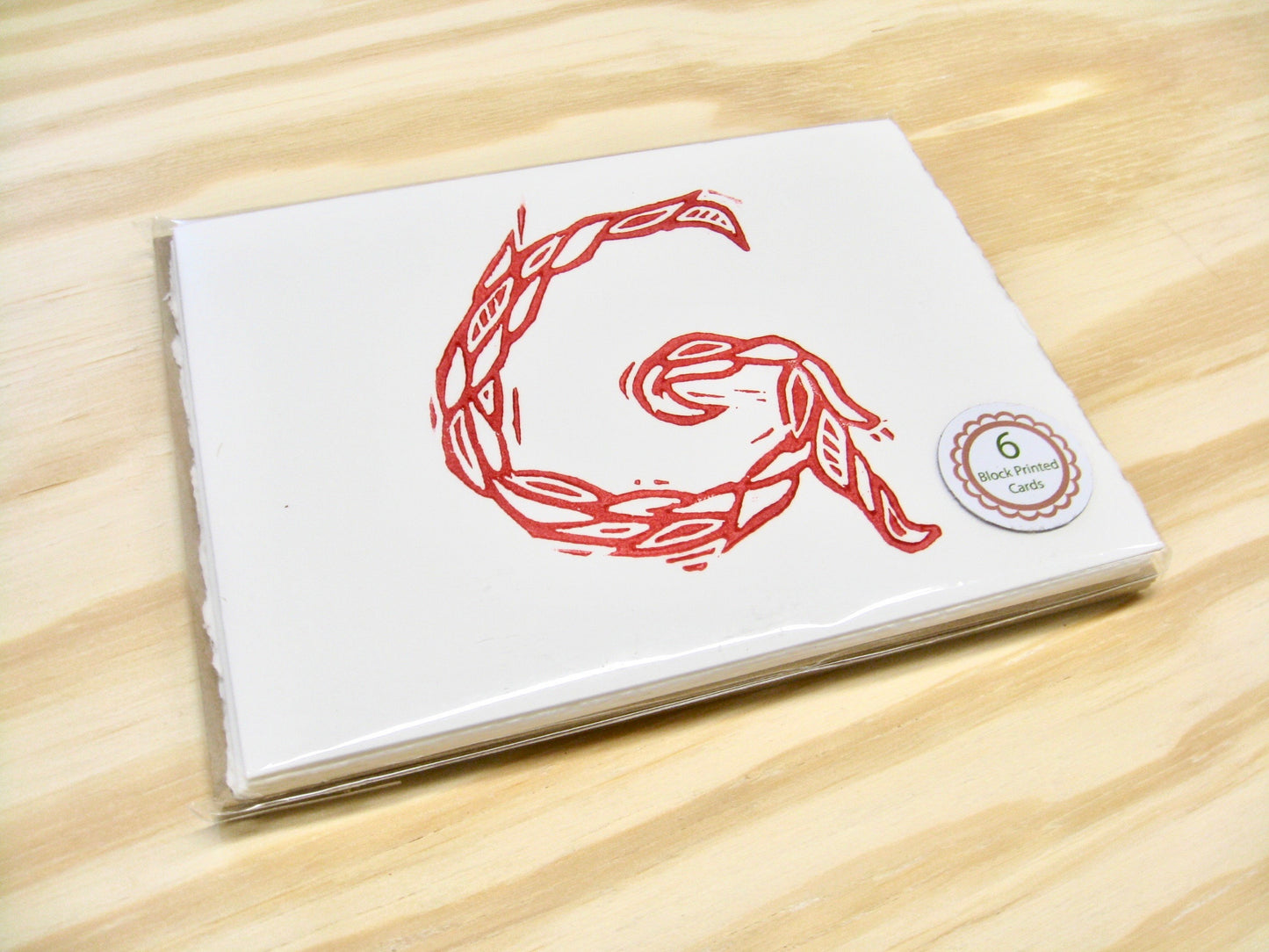 Letter G - hand carved original printers block with 6-pack monogram greeting cards - collector's item