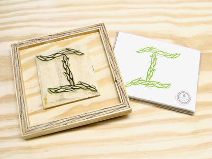 Letter I - hand carved original printers block with 6-pack monogram greeting cards - collector's item