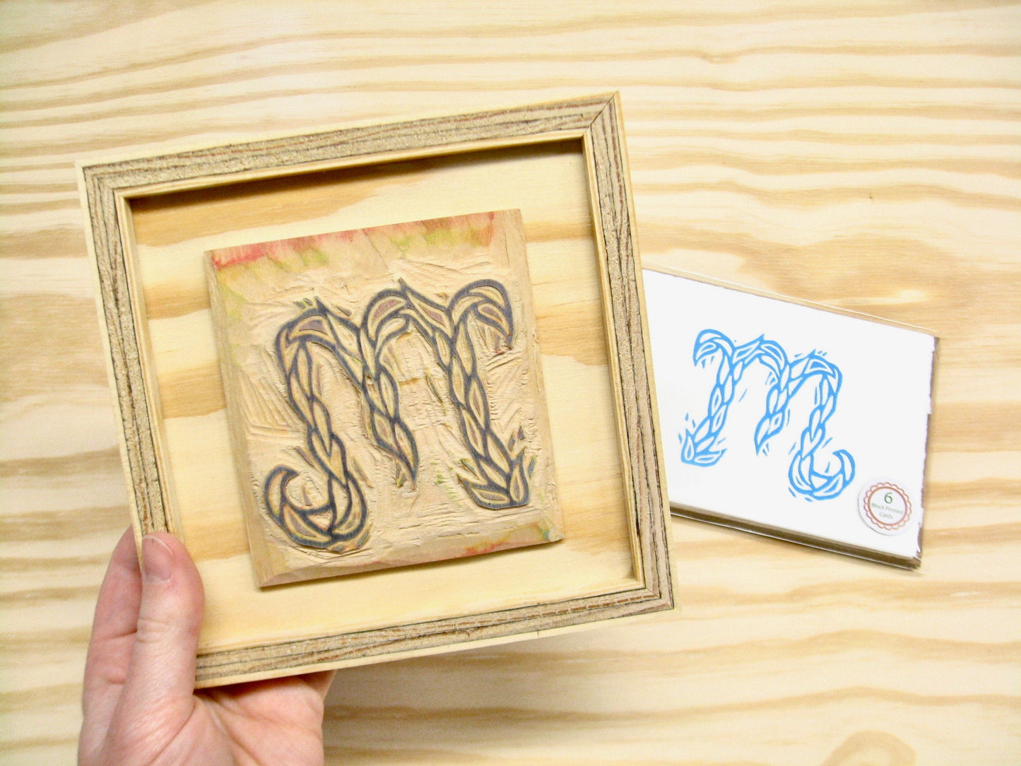 Letter M - hand carved original printers block with 6-pack monogram greeting cards - collector's item