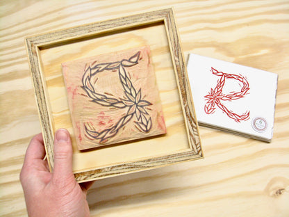 Letter R - hand carved original printers block with 6-pack monogram greeting cards - collector's item