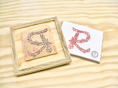 Letter R - hand carved original printers block with 6-pack monogram greeting cards - collector's item