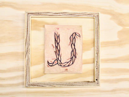 Letter U - hand carved original printers block with 6-pack monogram greeting cards - collector's item