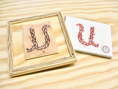 Letter U - hand carved original printers block with 6-pack monogram greeting cards - collector's item