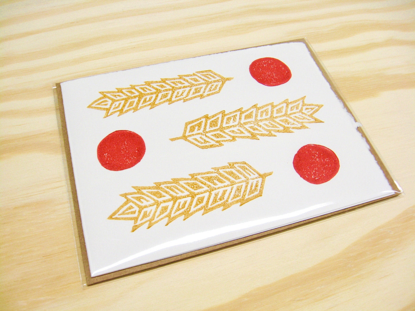 Wheat Red Dots single card - woodblock printed