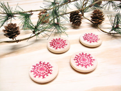 Snowflake Magnets - hand stamped wood (set of 4)