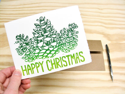 Happy Christmas Pinecones single card - woodblock printed