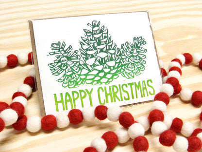 Happy Christmas Pinecones single card - woodblock printed