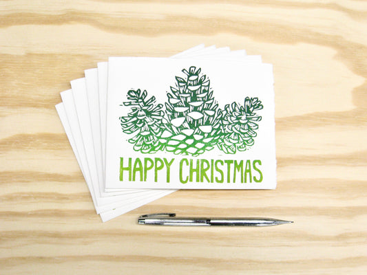 Happy Christmas Pinecones 6-pack cards - woodblock printed
