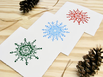 Snowflake three colors 6-pack cards - woodblock printed