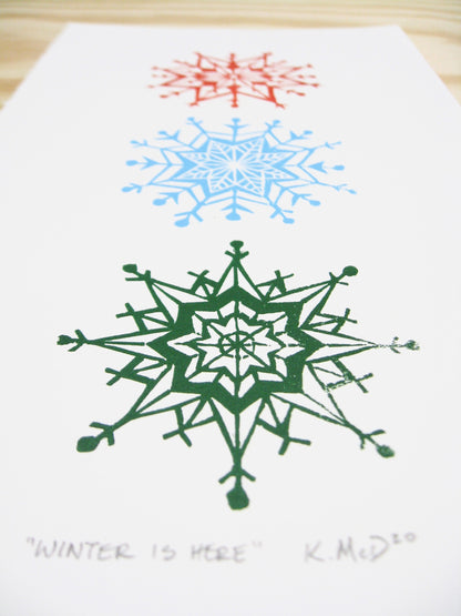 Winter is Here snowflakes - multi-woodblock print (6.5x12")