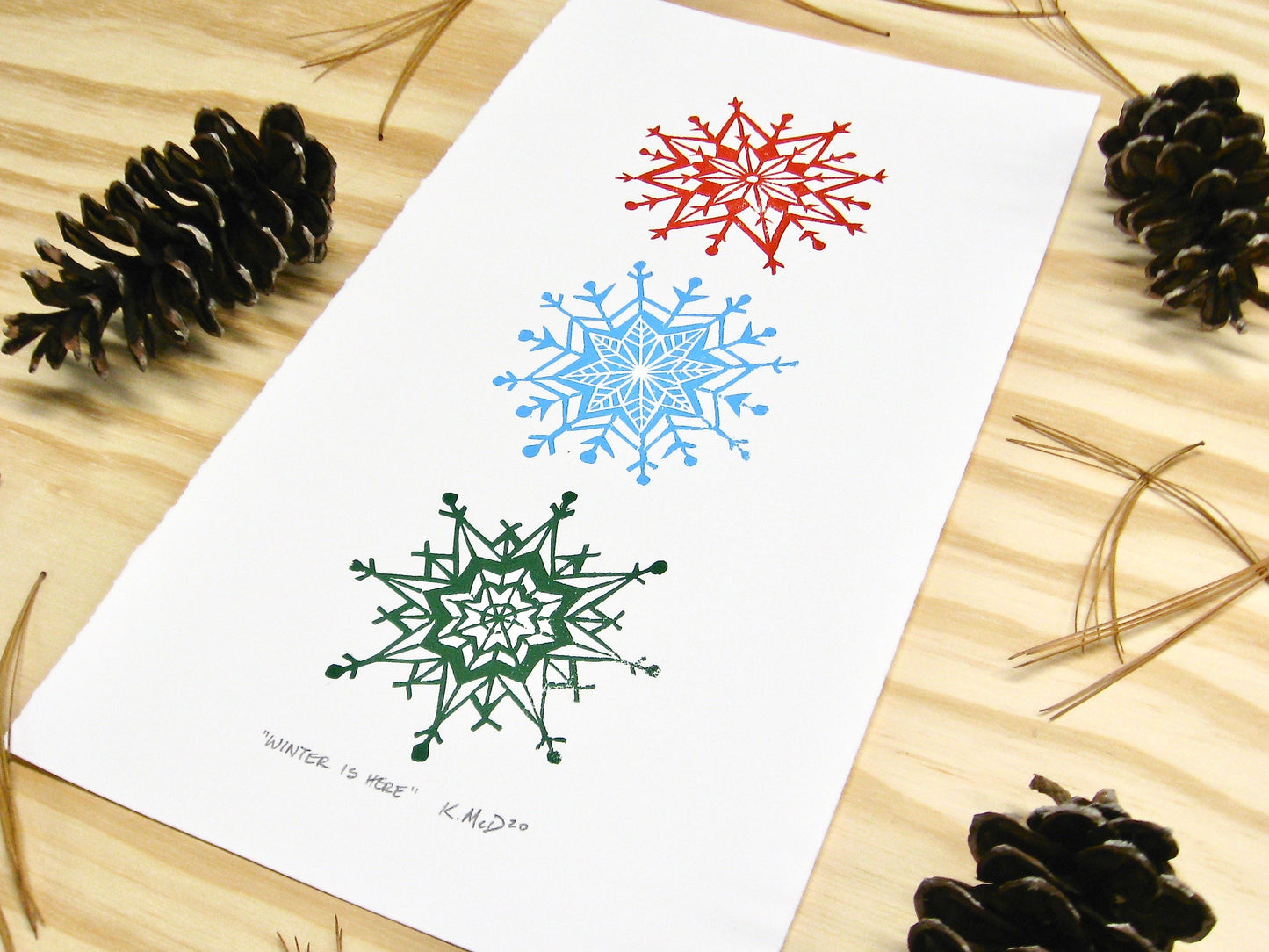 Winter is Here snowflakes - multi-woodblock print (6.5x12")