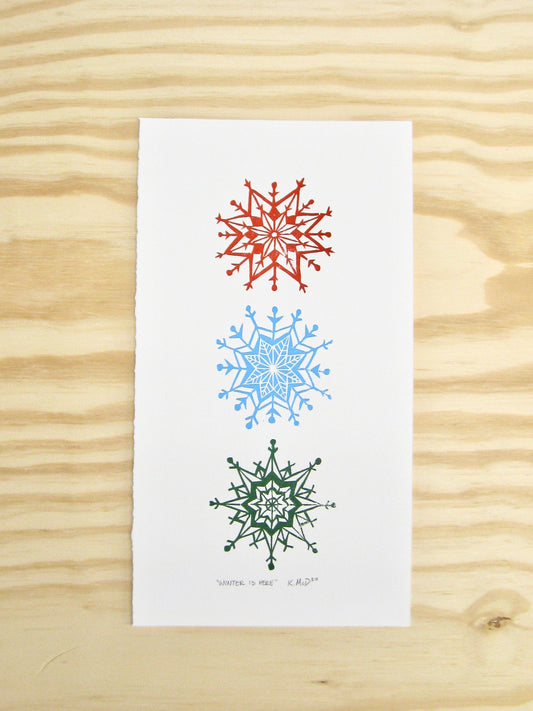 Winter is Here snowflakes - multi-woodblock print (6.5x12")