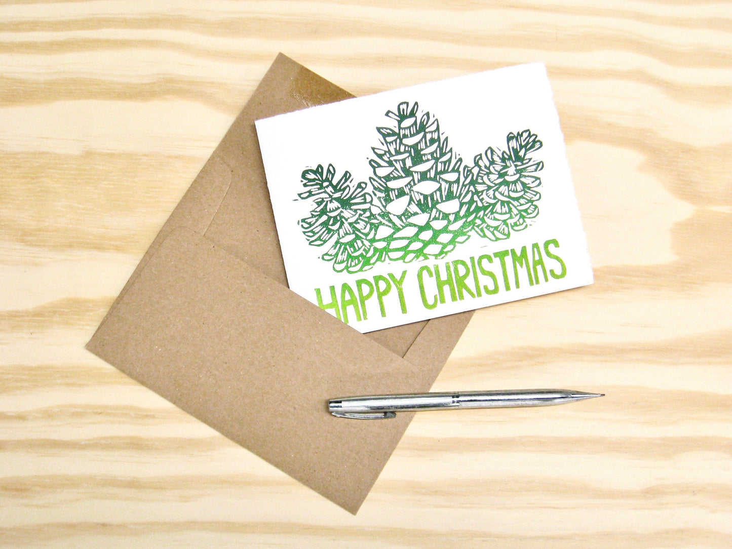 Happy Christmas Pinecones single card - woodblock printed