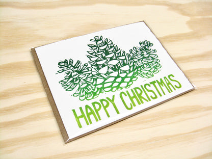 Happy Christmas Pinecones single card - woodblock printed