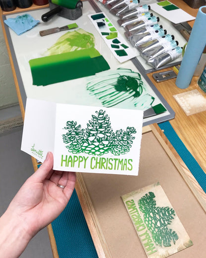 Happy Christmas Pinecones single card - woodblock printed