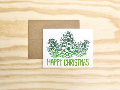 Happy Christmas Pinecones single card - woodblock printed