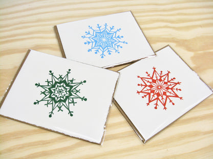 Snowflake forest green single card - woodblock printed