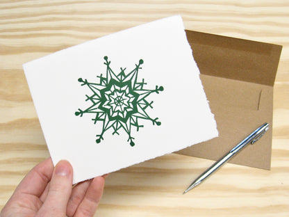 Snowflake forest green single card - woodblock printed