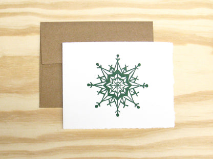 Snowflake forest green single card - woodblock printed