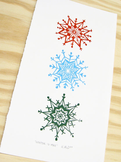 Winter is Here snowflakes - multi-woodblock print (6.5x12")