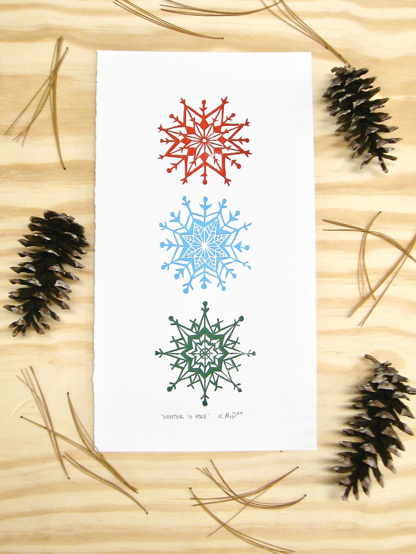 Winter is Here snowflakes - multi-woodblock print (6.5x12")