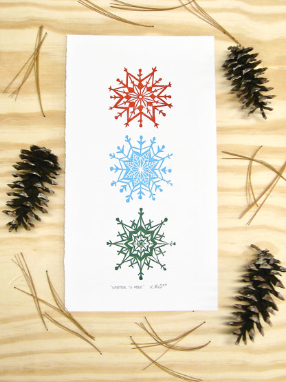 Winter is Here snowflakes - multi-woodblock print (6.5x12")
