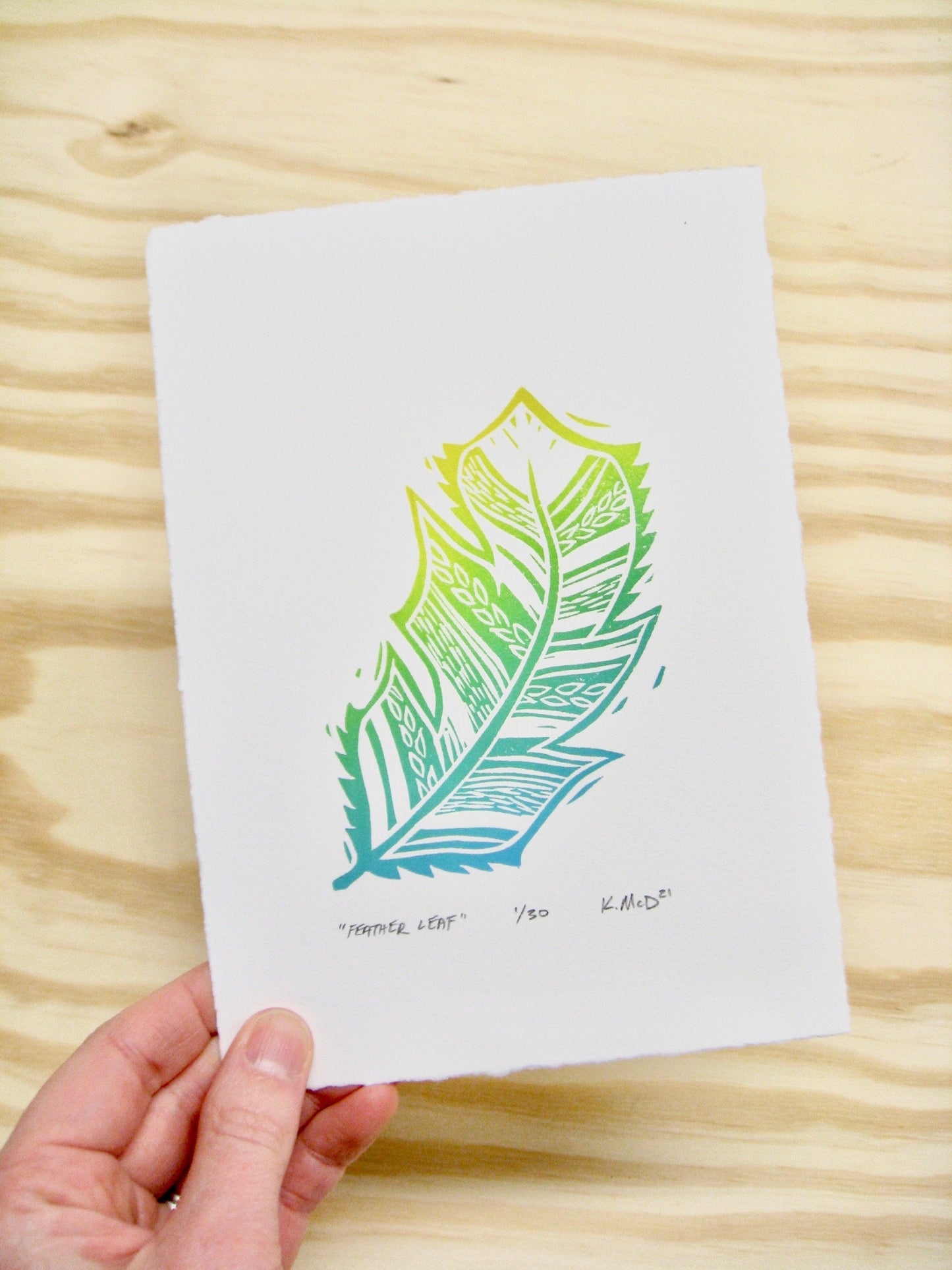 Feather Leaf - woodblock print (5x7")