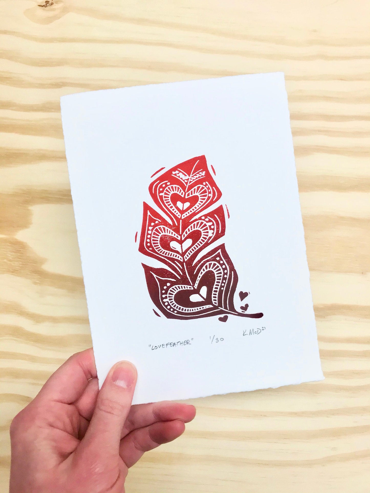 Love Feather - woodblock print (5x7")