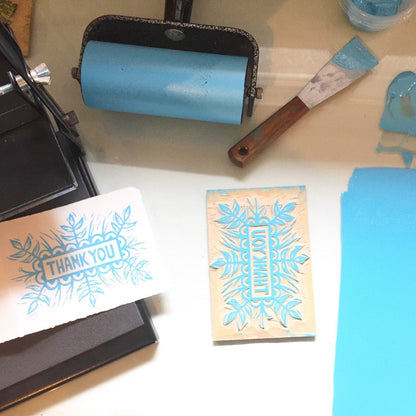 Thank You blue single card - woodblock printed