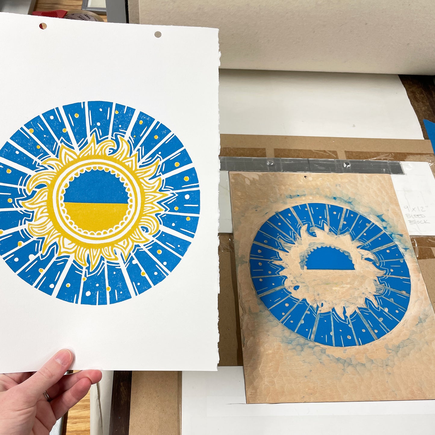 You Are the Yellow Sun in the Blue Sky - Brovary, Ukraine Fundraiser woodblock print (9x12")