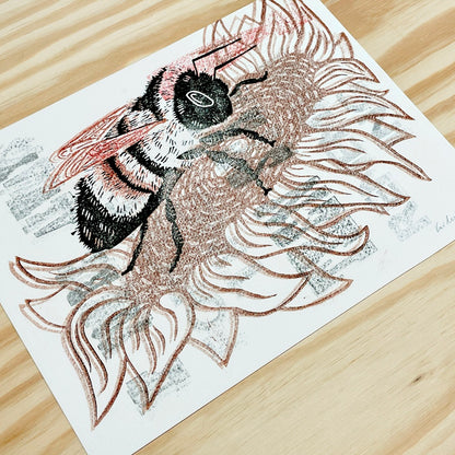 Start Remembering Bumble Bee GHOST PRINT - woodblock print (9x12")