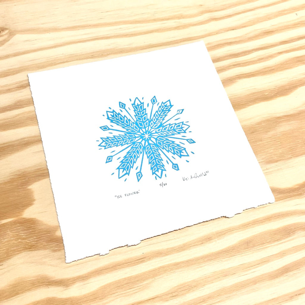 Ice Flower snowflake - woodblock print (8x8")